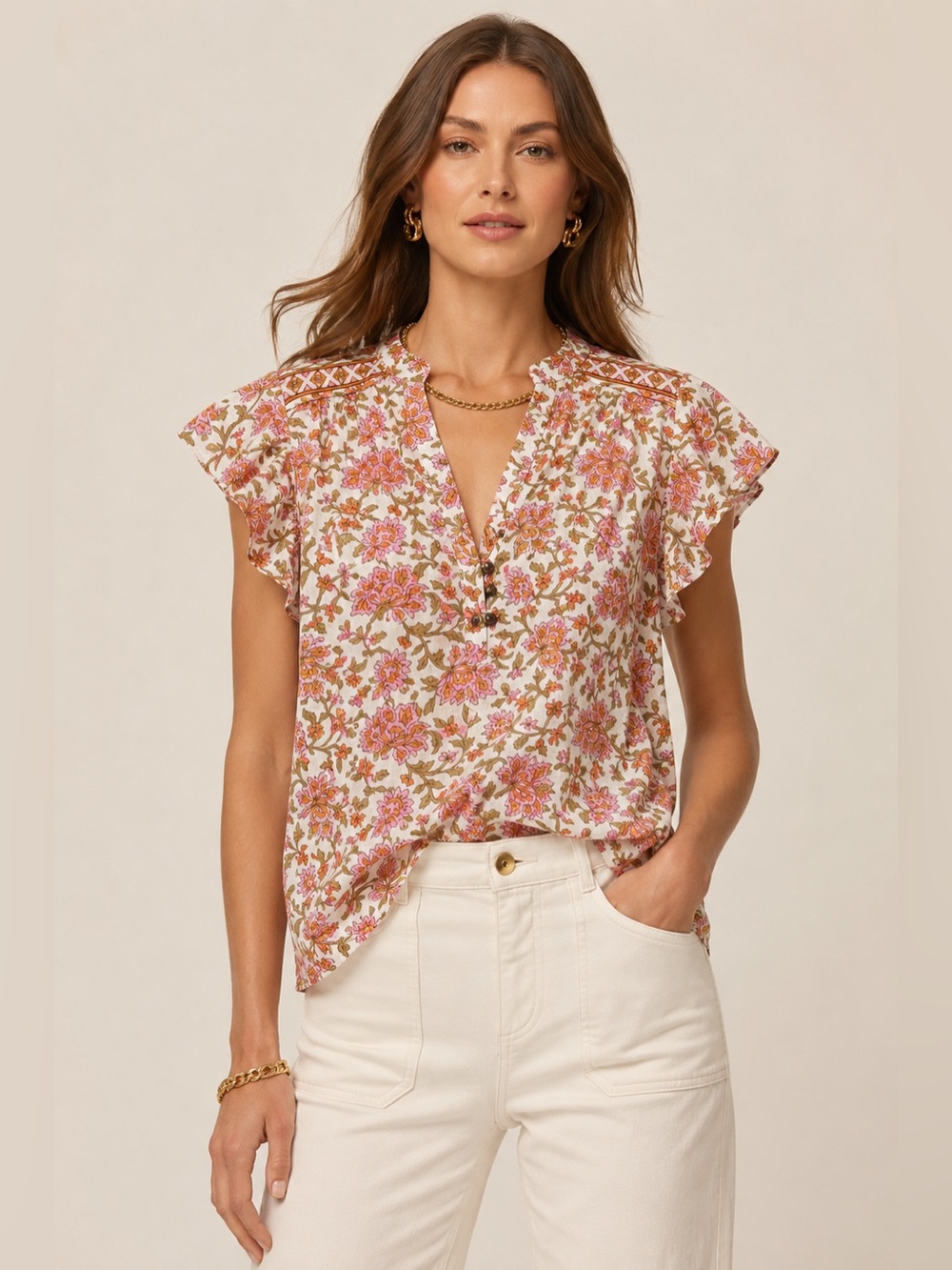 Veronica Beard Pink and Cream Floral Ruffle-Sleeve Blouse